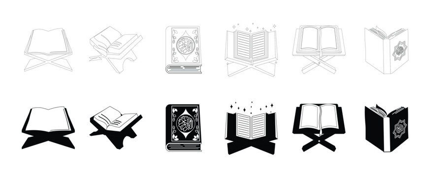 Set of Minimalist black open holy quran on rehal wooden stand silhouette vector icon. Ramadan islamic icon set, crescent moon quran prayer black silhouette, vector illustration.