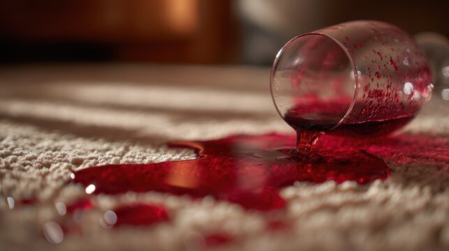 Crimson liquid spreading on soft carpet after wine glass toppled in a cozy home interior