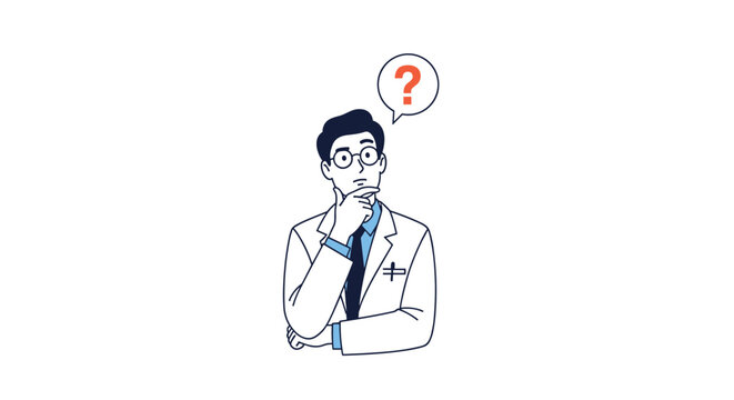 Male doctor in a white coat and glasses looking thoughtful with a red question mark in a speech bubble above his head.