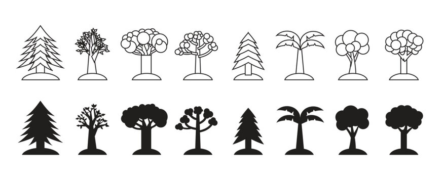 A collection of black tree silhouettes on a white background, showcasing various tree saplings to fruit trees and pine. Assortment of black silhouette trees with rounded and conical shapes on white.