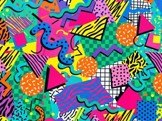 Fototapeta premium Bold 80s Inspired Memphis Geometric Pattern with Vibrant Colors – Abstract Retro Seamless Background Texture for Modern Design