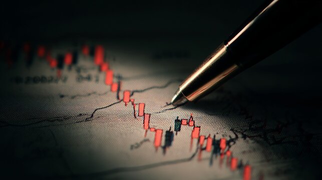 Bullish candlestick pattern on financial chart paper, pen pointing at resistance level, dramatic directional lighting, macro close up trading analysis concept
