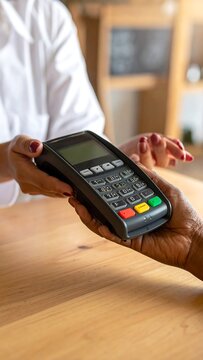 Close-up of hands exchanging a payment device over a wooden table