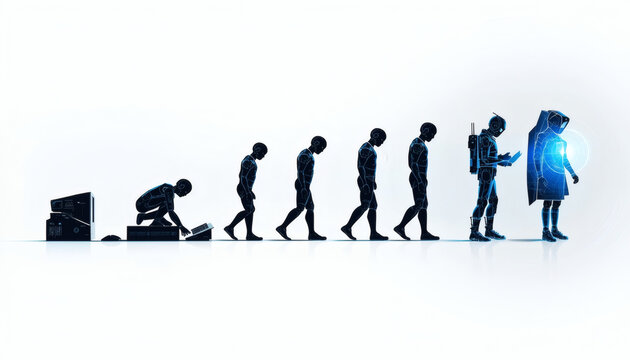 Evolution of man from primitive computing to artificial intelligence and digital being. Silhouette timeline of human progress and technology development on a clean white background.