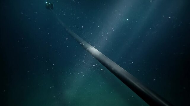 Cinematic underwater shot of a dark submarine pipeline or internet cable descending into the deep blue ocean with light rays