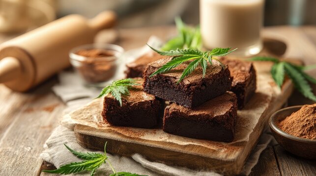 Homemade chocolate brownies with cannabis leaf garnish on a rustic wooden board