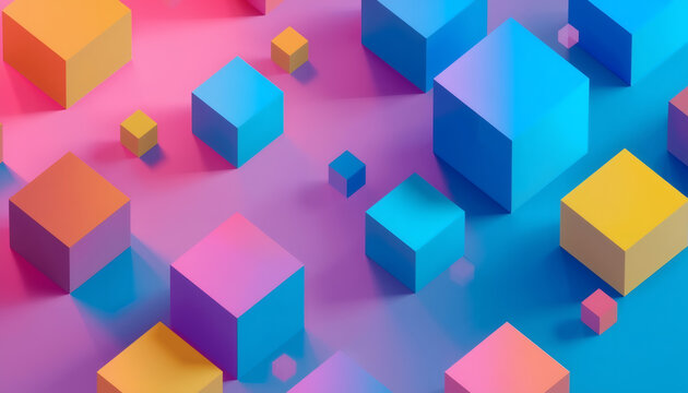 Abstract 3D isometric composition with colorful cubes on a gradient background. Concept of data blocks, systematic organization, creative thinking, digital modularity, and modern design.