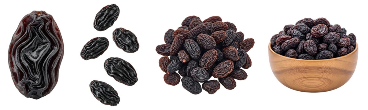 A collection of raisins on a transparent background
