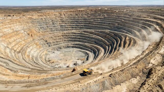 Aerial drone view of a massive open-pit mine with a giant yellow dump truck driving on a dusty dirt road