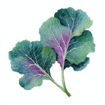 Hand-drawn kale leaf duo in watercolor, vibrant greens with subtle purple hints, on clean white canvas