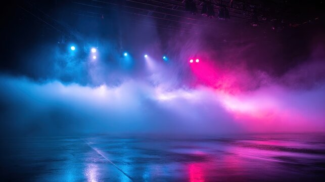 Atmospheric mist from a fog machine over a dimly lit rehearsal stage