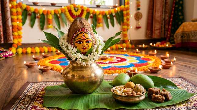 Traditional Hindu puja arrangement with decorated kalash, mangoes and floral offerings