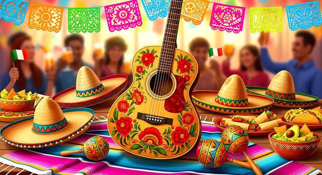Festive Mexican Fiesta Celebration with Sombreros, Guitar, and Traditional Food on a Table with People in the Background