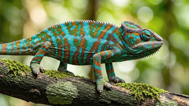 Vibrant Panther Chameleon Walking on Mossy Branch in Tropical Forest