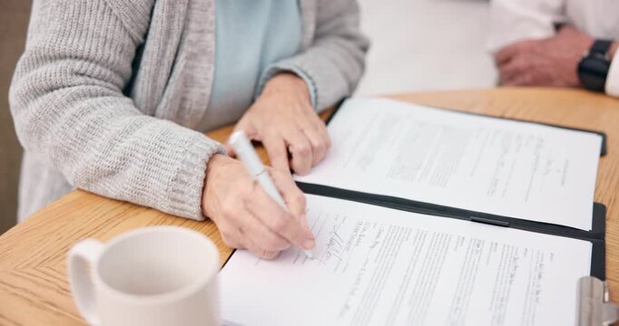 Hands, old person or sign documents in meeting for last will, asset distribution or legal compliance. Attorney, senior client and signature in home for testament consent, approval and terms agreement
