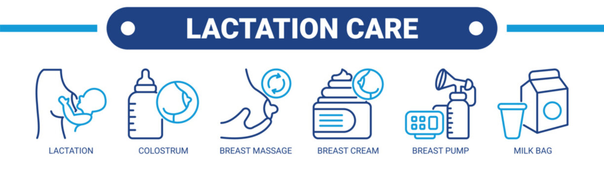 Lactation Care web banner icon vector illustration concept with icons of lactation, colostrum, breast massage, breast cream, breast pump, and milk bag.