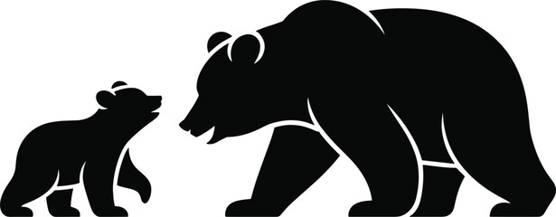 Stylized Black Silhouette of a Mother Bear and Cub on White Background Keywords: bear, cub, mother bear, baby bear, animal © MdMehedi
