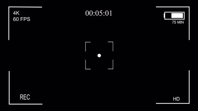 Professional video recording screen overlay interface with transparent background, digital camera HUD , Camera recording screen overlay with alpha channel display in 4K resolution