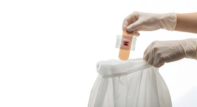 A gloved hand carefully disposes of a used, blood-stained bandage and gauze pad into a white trash can, symbolizing medical waste disposal and hygiene practices.
