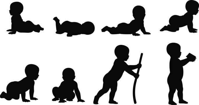 Black Silhouette Baby Crawling and Standing Poses Set on White Background isolated