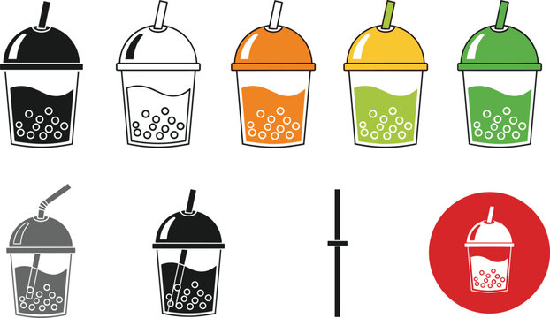 Bubble tea takeaway cups set with colorful plastic lids and straws vector illustration boba drink icons collection