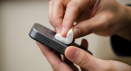 Fototapeta premium A person's hands delicately cleaning the screen and edges of a modern smartphone with a soft white cloth, highlighting hygiene and device care.