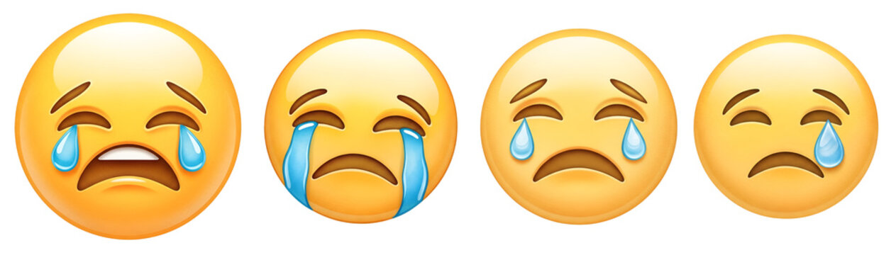 Four crying emojis with tears of sadness on transparent background