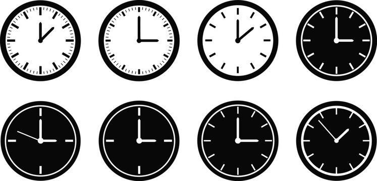 clock icon set, analog clock vector, time symbols collection, wall clock illustration, different clock 