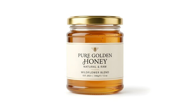 A glass jar filled with rich amber colored pure golden wild flower honey with a metallic lid and a light label detailing its natural raw qualities is presented for nutritional and culinary usage