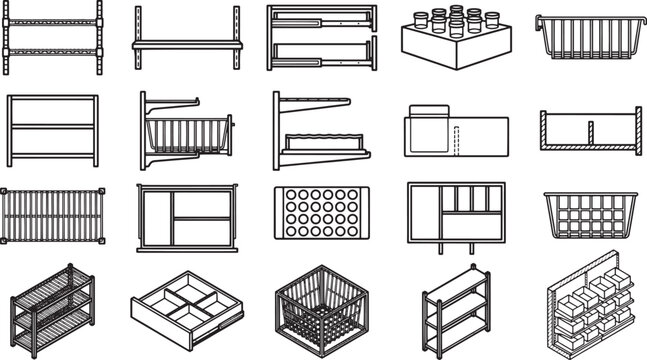 Various minimalist line drawings depict an array of shelves and storage solutions, showcasing different designs suitable for retail, industrial, and home organization needs.