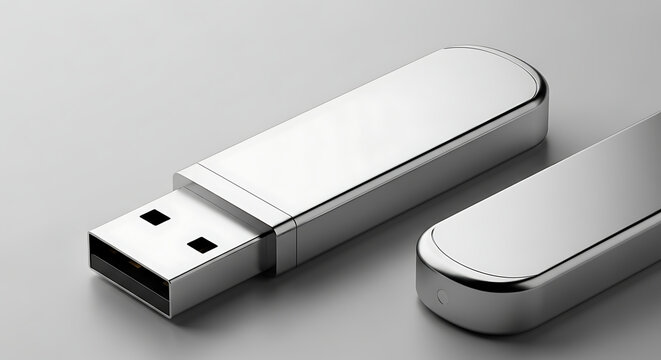 Close-up of a sleek, modern silver USB flash drive with its cap removed, resting on a neutral surface.