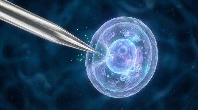 Close-up of a gene-edited embryo being manipulated with a micropipette against a vibrant blue background, highlighting scientific innovation and precision