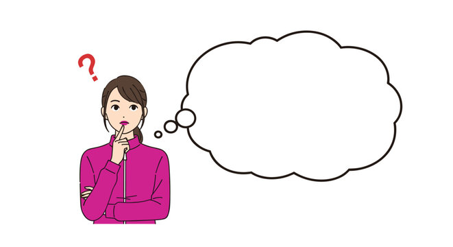 Thoughtful young woman in a pink tracksuit looking up at a large blank cloud thought bubble with a red question mark.