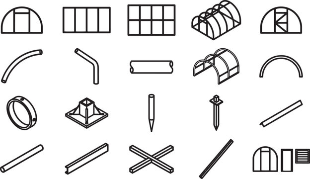 Showcasing an array of architectural components for greenhouse construction, this detailed illustration offers a comprehensive view of various elements.