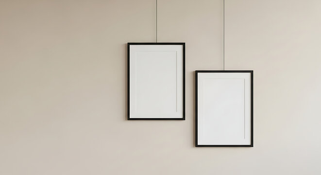 Two empty black picture frames hanging on a neutral beige wall with copy space.