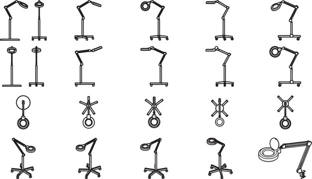 A Collection of Desk Lamps, each unique in style and functionality, is presented in an array of diverse design with monochromatic look.