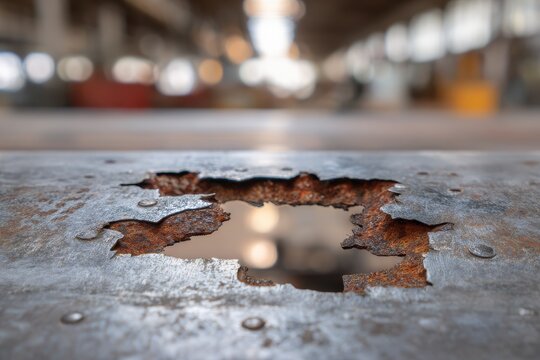 Close-up of a torn hole in weathered metal with jagged edges and riveted border