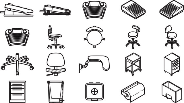 A comprehensive collection of office supplies and furniture, including staplers, chairs, and other equipment, meticulously arranged in a high-angle shot.