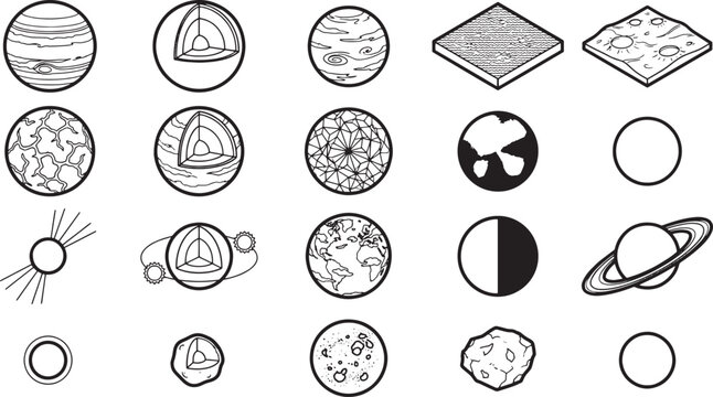 A collection of illustrated celestial bodies and geological formations showcases the beauty and complexity of the universe and planetary science.