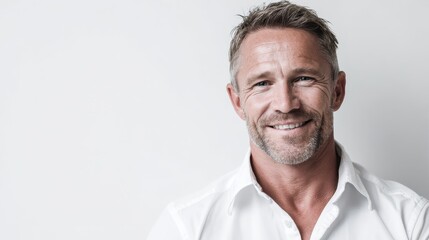 Obraz premium Approachable corporate portrait of a mature man in a white shirt, isolated on white with space for text