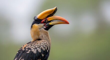 Fototapeta premium Sunbird beak bird with bright orange tongue, wildlife close-up portrait, tropical bird in soft blur background, colorful hornbill-like bird stance, feathered head