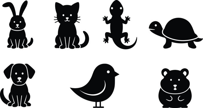 Cute animal silhouette set, rabbit cat lizard turtle dog bird hamster icons, cartoon pets vector, black isolated illustration design