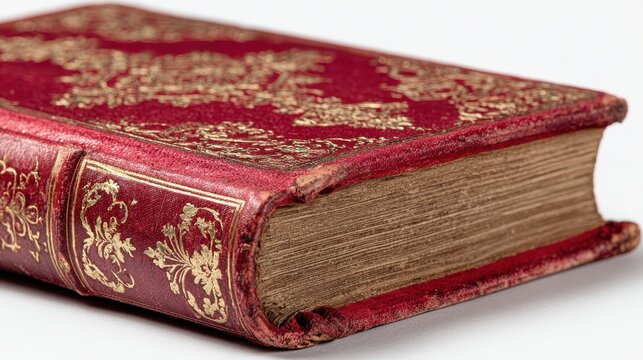 Antique red canvas book cover with gold embossing and floral ornamentation, circa 1870