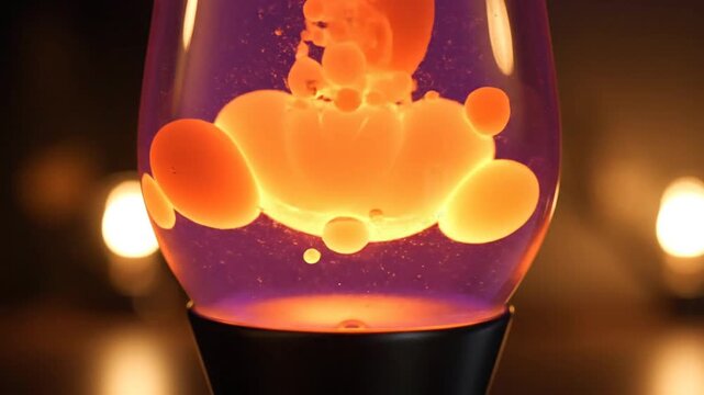 Abstract lava lamp orange bubbles rising in a purple liquid