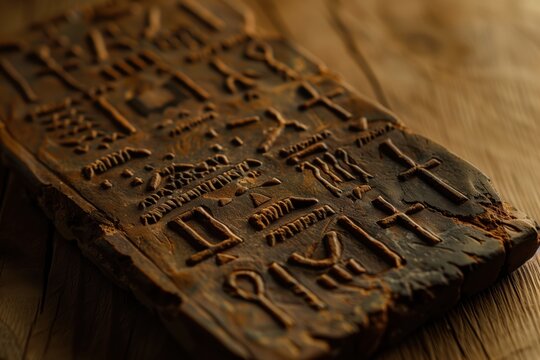 Ancient clay tablet engraved with symbolic inscriptions. AI-generated.