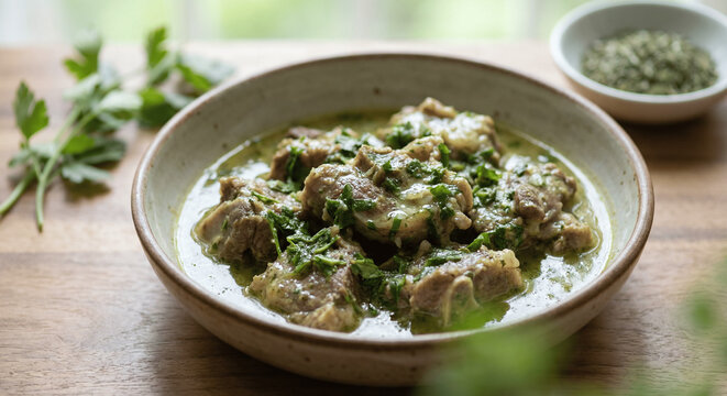 Mutton with local herbs (Ladakh) &ndash; tsamik, tumburuk, Ladakhi mutton cooked with tsamik and tumburuk, fresh herbs recipe, Indian Cuisine, Asian Food, Himalayan Recipe