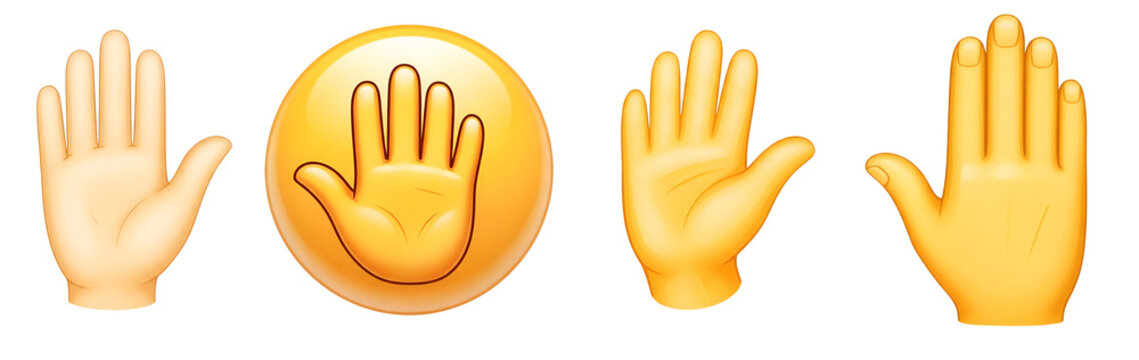 Four yellow hands with palms facing forward on transparent background
