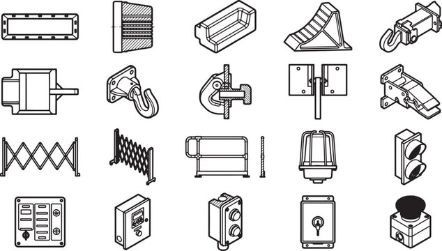 Industrial components arrayed in a grid. This is a collection of components with various shapes and sizes. Detailed overhead shot, focusing on an industrial array.