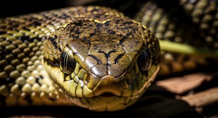 Fototapeta premium Title 1: coiled snake close up in nature Title 2: detailed snake portrait in sunlight Title 3: reptile eyes and scales macro
