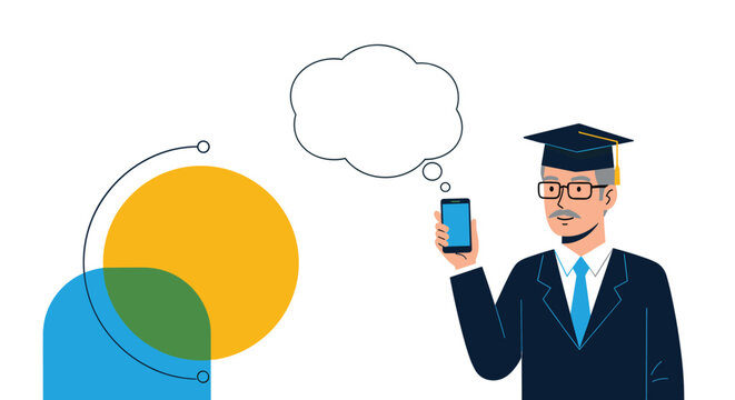 Professional academic man in a graduation cap holds a smartphone while a large blank thought bubble floats above his head.